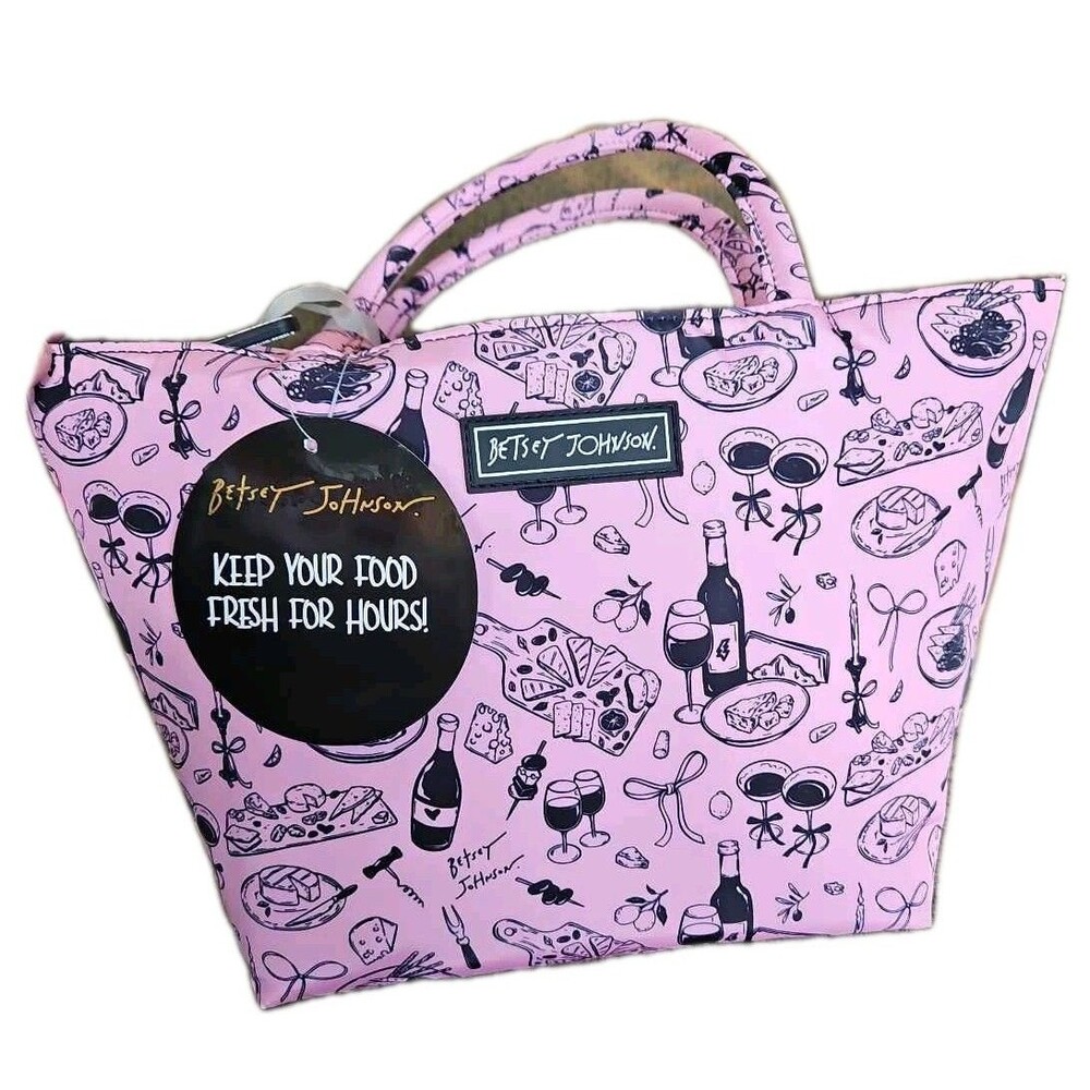 Betsey Johnson Pink Lunch Tote French Cheese Wine Sketch
